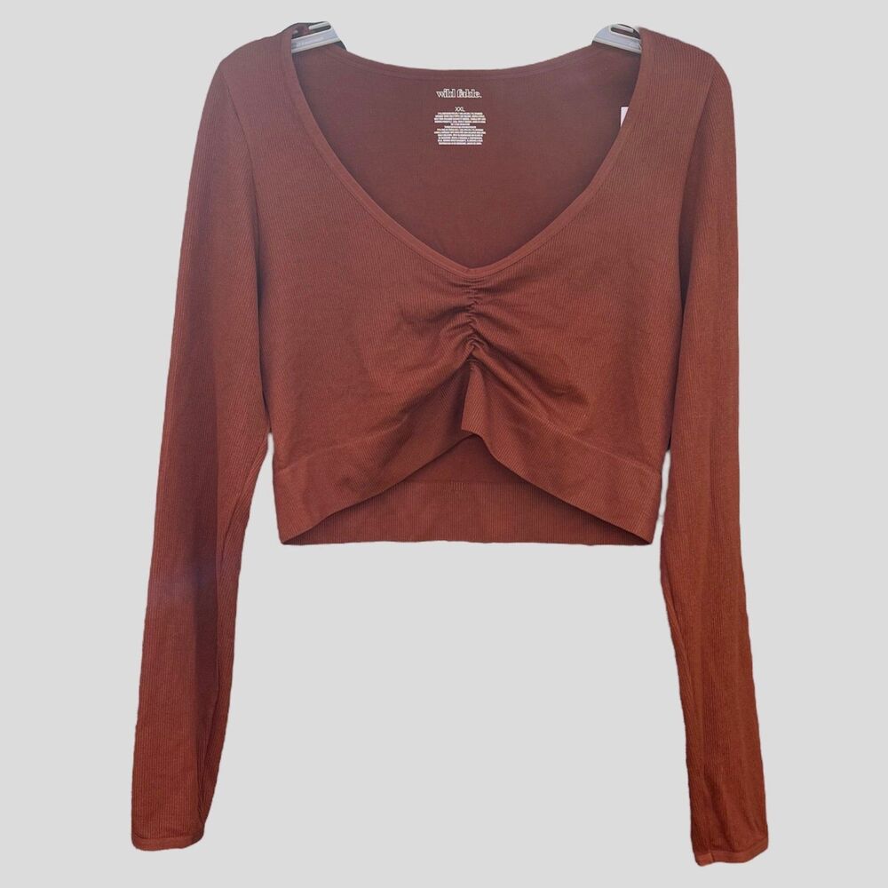 Long Sleeve XXL Front Cinch Fitted Seamless Cropped Shirt Wild Fable Brown NWT